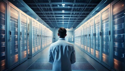 rapaz trabalhador de frente para central de informa&ccedil;&otilde;es, banco de dados, conceito tecnologia - Generated image