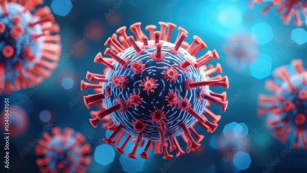 Poster a 3d illustration of a virus with spikes, representing a microscopic view of pathogens.