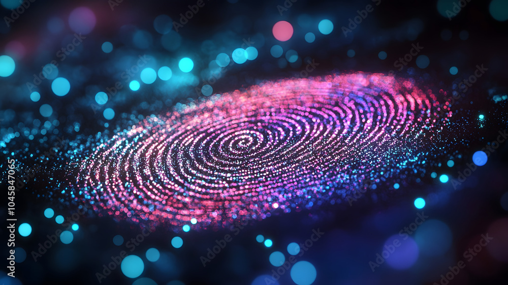 Poster colorful fingerprint design created with glowing dots against a dark background