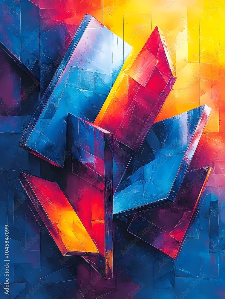 Poster an abstract art piece featuring sharp, angular shapes in vibrant shades of red, blue, and yellow, cr