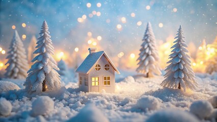 Snowy winter scene of paper cabin from above