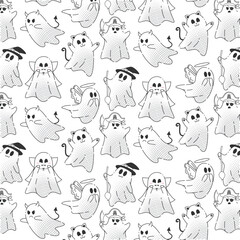 Halloween ghost pattern with cats and devils, Vector