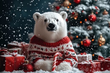 Polar Bear in Festive Sweater Amid Holiday Decor