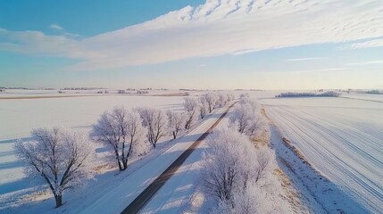 Obraz premium A winter road winds through snowy fields and trees in Iowa, with a glistening lake visible in the distance under a stunning sky.