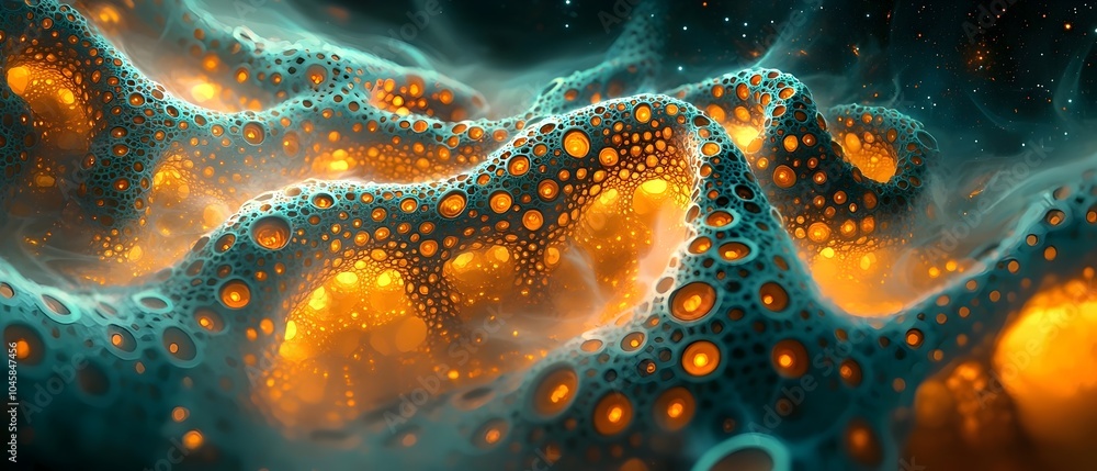 Poster a mesmerizing abstract landscape featuring fluid, wavy patterns in vibrant orange and deep teal, ill
