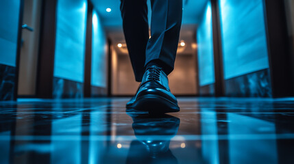 Fototapeta premium A person walking down a dimly lit hotel corridor at night, casting reflections on a shiny floor surface