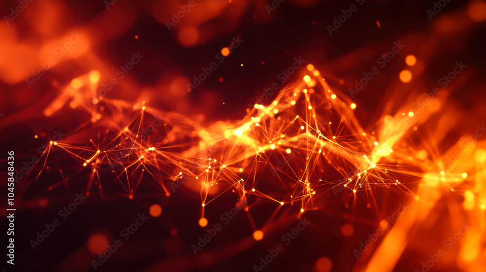 Poster bright orange glowing particles create a mesmerizing abstract pattern in a dark background