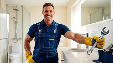 male master professional plumber in bathroom