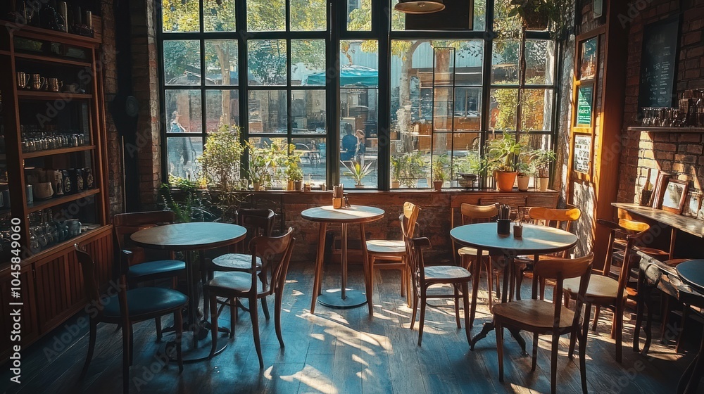 Poster a cozy cafe with large windows and wooden tables and chairs. sunlight streams in, creating warm ligh
