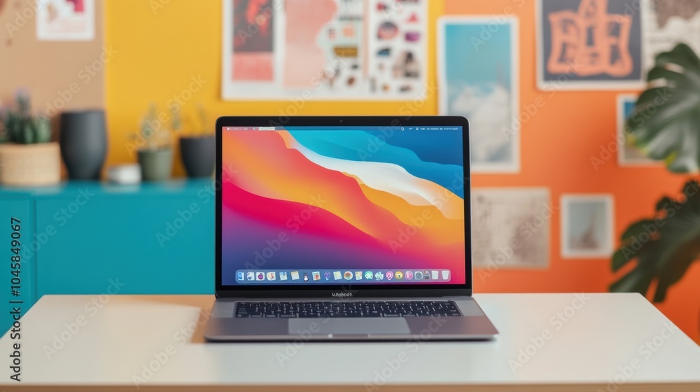 Aufkleber a modern laptop rests on a minimalist table, surrounded by artistic elements and a creative, colorfu