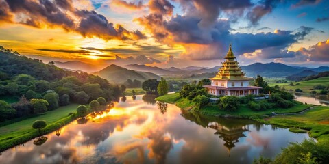 Fototapeta premium Serene Long Exposure of a Majestic Temple in a Tranquil Country Landscape
