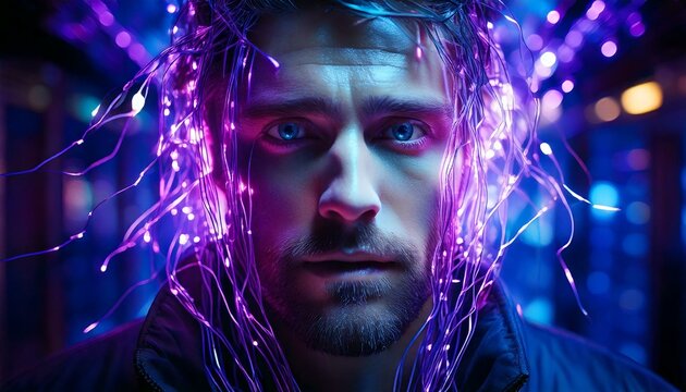 assistente virtual masculino com fibra &oacute;tica no cyber espa&ccedil;o - Generated image