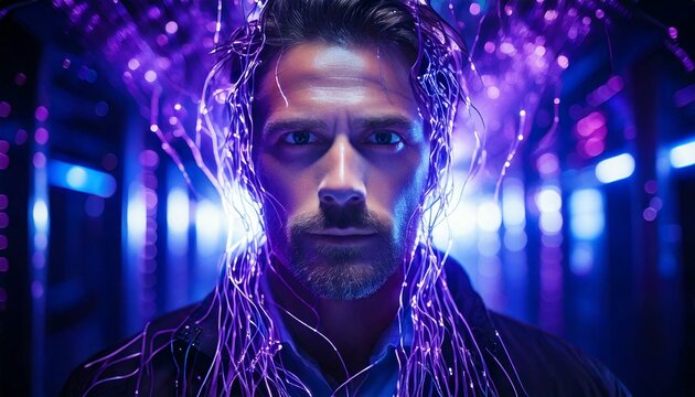 assistente virtual masculino com fibra &oacute;tica no cyber espa&ccedil;o - Generated image