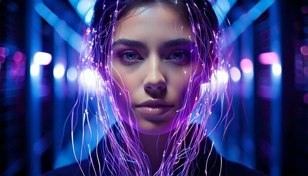 assistente virtual feminino com fibra &oacute;tica no cyber espa&ccedil;o - Generated image