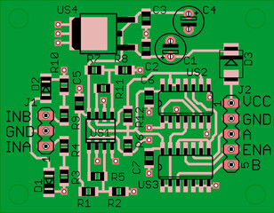 Vector printed circuit board of electronic 
device with components of radio elements, 
conductors and contact pads placed on pcb. 
Engineering technical drawing.
Computer technic cad design.