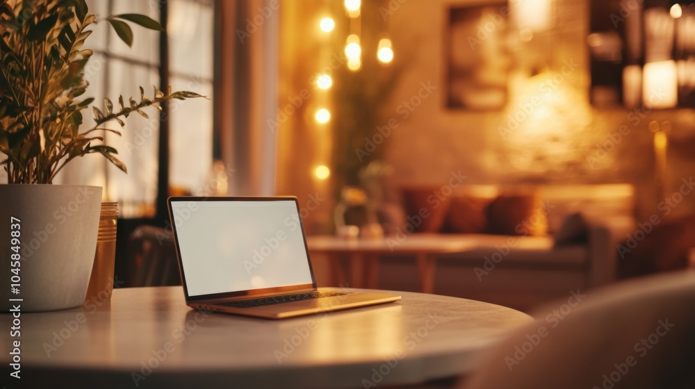 Poster a warm, inviting environment showcases an open laptop on a round table, perfect for evening work or 