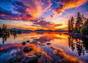 Obraz premium Serene Sunset Over Calm Water and Distant Mountains - Tranquil Nature Landscape Photography
