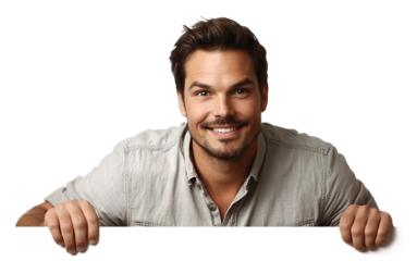 Cheerful man leaning over a blank area, isolated on transparent cutout background