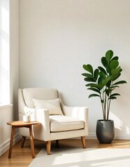 A modern living room with stylish wooden furniture, featuring a comfortable armchair, a table, and elegant decor by a large window