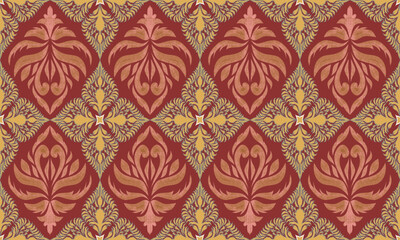 Intricate floral damask pattern in gold, copper, and burgundy. Stylized floral motifs. The design is set against a rich burgundy background.