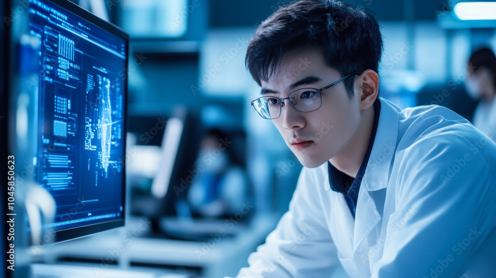Poster young scientist analyzing digital data on computer in modern laboratory during evening research sess