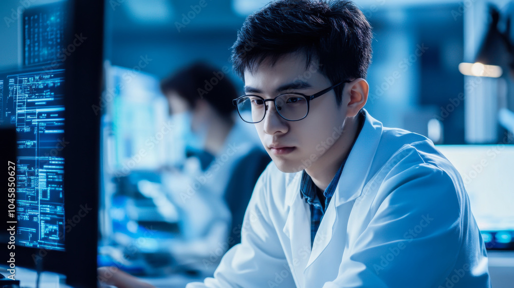 Poster young scientist analyzing digital data on computer in modern laboratory during evening research sess