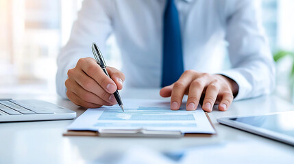A businessman writes on paper at the table.