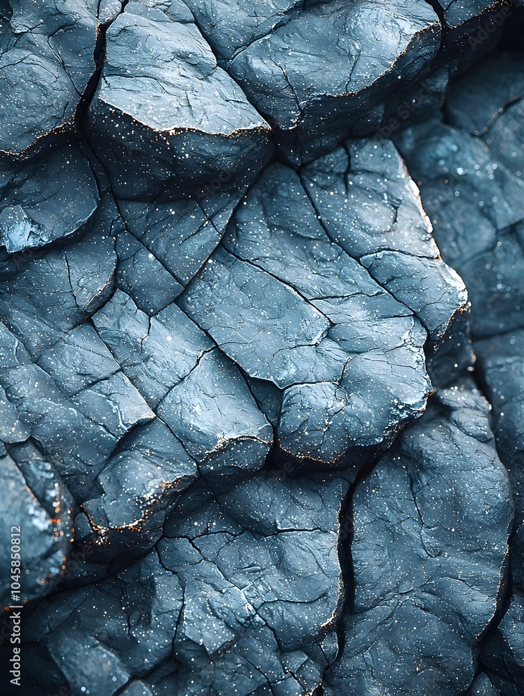 Poster close-up of textured charcoal rock surface featuring intricate patterns and a deep blue hue, creatin