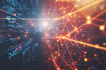 Quantum algorithm solving a complex problem, data streams and particles visualizing the process, surrounded by mathematical symbols and vector lines
