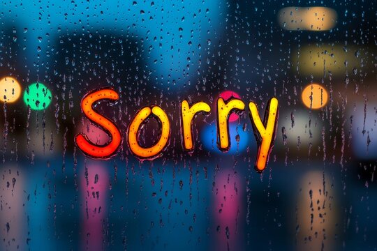 Rainy Window with 'Sorry' Message in Vibrant Lights Amidst Bokeh Background Showcasing Apology Concept in Modern Stock Photography