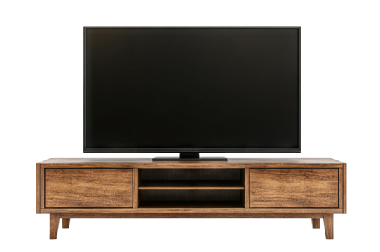 Large flat-screen TV on a modern wooden stand, isolated on transparent cutout background