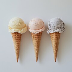Three scoops of ice cream in waffle cones, one vanilla, one peach, and one chocolate chip cookie dough, on a white background.