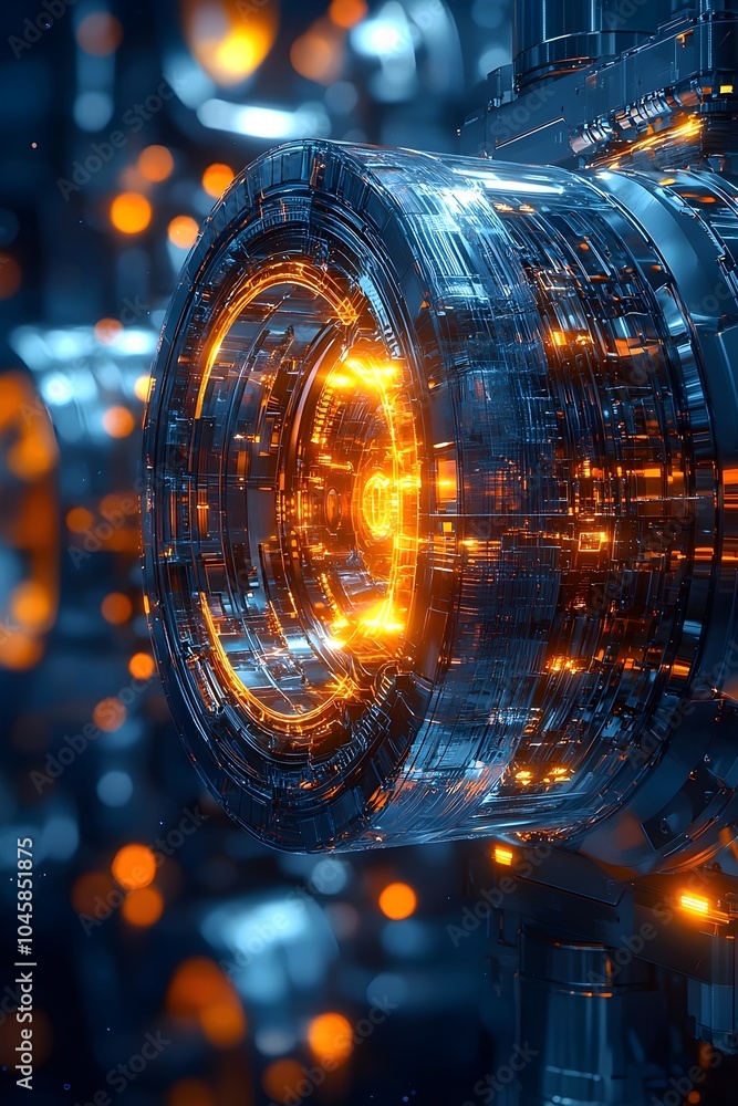 Poster a close-up of a futuristic, illuminated circular structure with glowing orange and blue elements. th