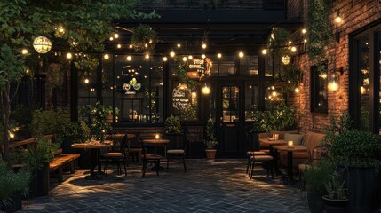 A cozy outdoor patio with string lights and tables lit by candlelight.
