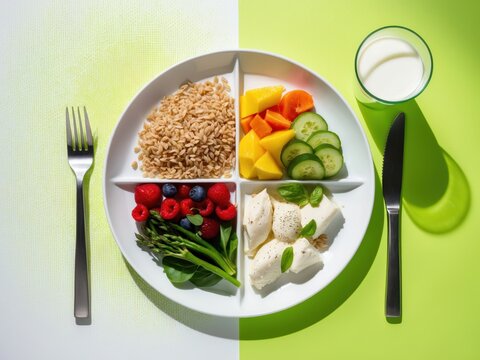 A vibrant plate featuring a variety of fresh fruits, grains, and nuts. The assortment includes kiwi, berries, and citrus, creating a colorful and nutritious mea