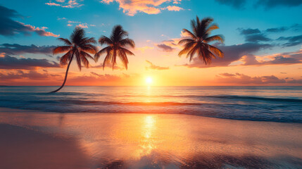 Vibrant sunset over a tropical beach with silhouetted palm trees reflecting on the calm water