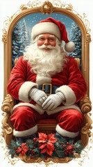 Jolly Santa Claus sits on a golden throne surrounded by festive Christmas decorations.