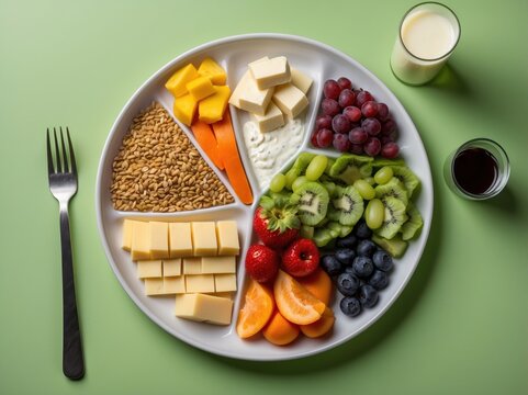 A vibrant plate featuring a variety of fresh fruits, grains, and nuts. The assortment includes kiwi, berries, and citrus, creating a colorful and nutritious mea