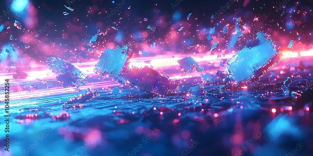 Poster a mesmerizing digital art scene featuring glowing blue and pink particles dynamically interacting wi