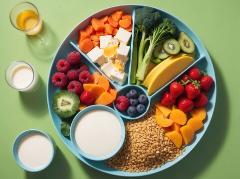 A vibrant plate featuring a variety of fresh fruits, grains, and nuts. The assortment includes kiwi, berries, and citrus, creating a colorful and nutritious mea