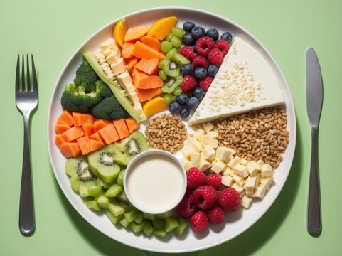 A vibrant plate featuring a variety of fresh fruits, grains, and nuts. The assortment includes kiwi, berries, and citrus, creating a colorful and nutritious mea