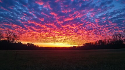 Fototapeta premium A breathtaking sunrise with vibrant pink and orange clouds over a field, creating a stunning display of color in the sky.