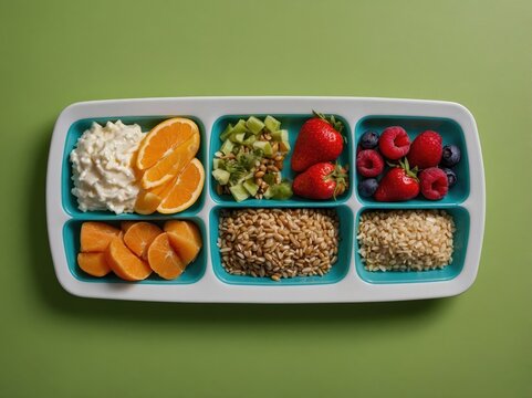 A vibrant plate featuring a variety of fresh fruits, grains, and nuts. The assortment includes kiwi, berries, and citrus, creating a colorful and nutritious mea