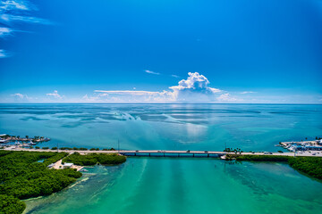 Aerial Drone Image looking north  over the Whale Harbor Channel and the Overseas Highway in Islamorada Florida
