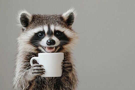 Cute raccoon with cup of tea on grey background