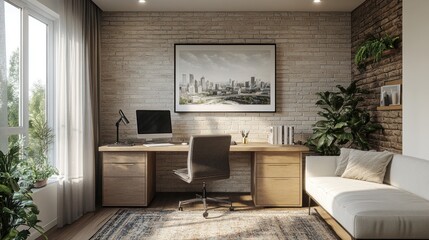A modern home office with a large window, a brick wall, a desk, a computer, a chair, a sofa, a rug, and plants.