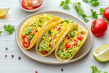 Vegetarian tacos with guacamole, cheese and tomatoes on a plate
