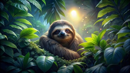 Obraz premium Sloth in a Jungle Tree at Night - Captivating Low Light Photography of Wildlife