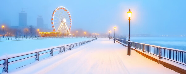 Snowy waterfront with streetlights illuminating a pathway and a glowing ferris wheel in the distance