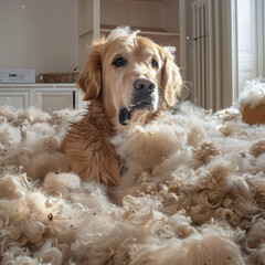 Labrador dog sitting between the fibers of a torn couch and cushions. separation anxiety in a dog. leaving a dog alone at home. dog chewing furniture